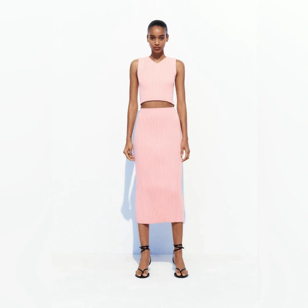 Zara Pink Ribbed Knit Two-Piece Skirt Set